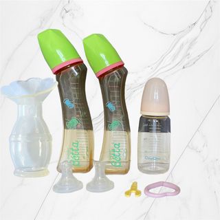 ベッタ(VETTA)の【匿名配送】哺乳瓶3本（ベッタ、チュチュベビー）＋乳首•手入れ用品＋搾乳器(哺乳ビン)