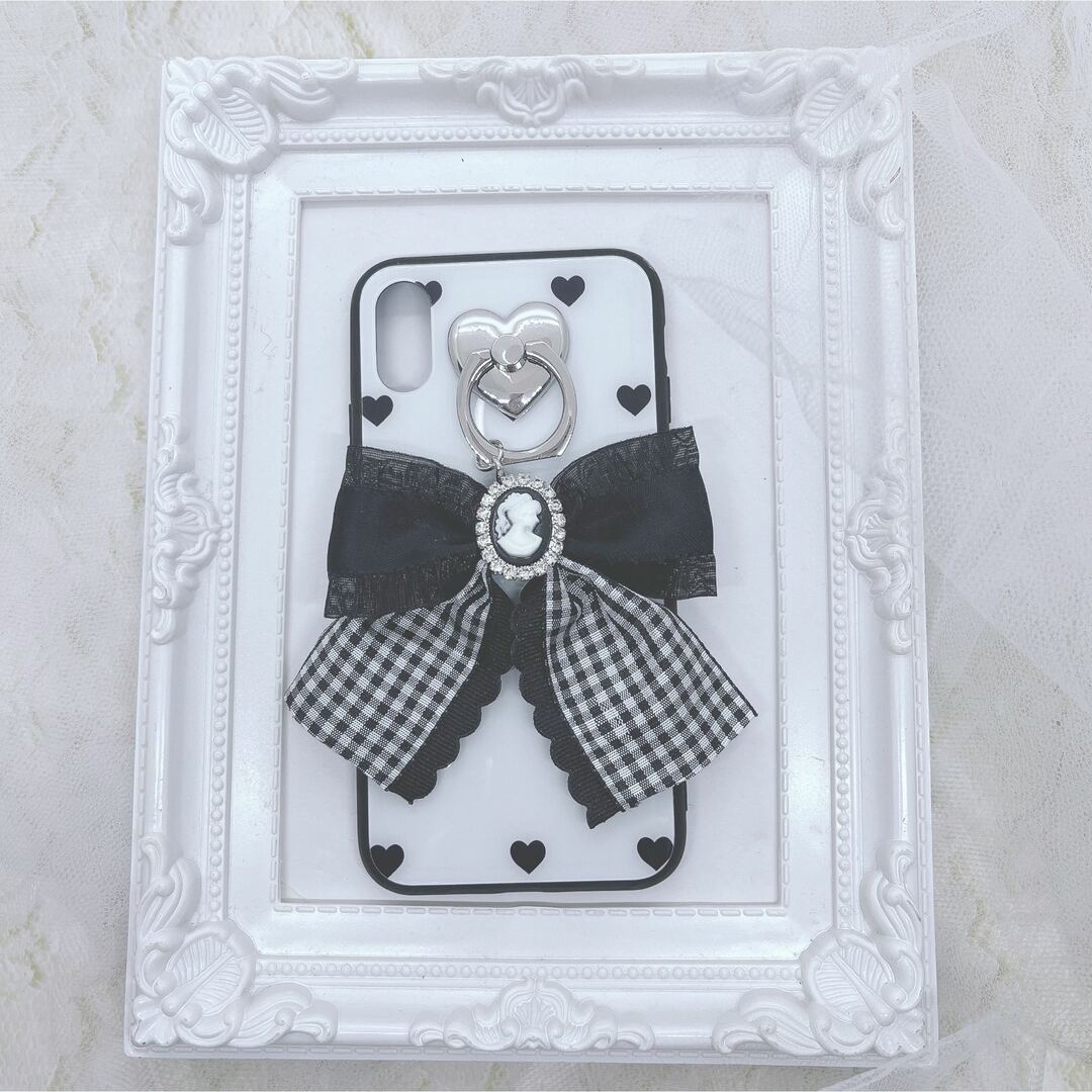 スマホリング♡黒フリルギンガムチェックリボン♡ ハンドメイドのスマホケース/アクセサリー(その他)の商品写真