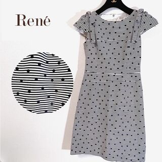 美品✨Rene リボン ひざ丈ワンピース Aライン ホワイト チェック 34 S