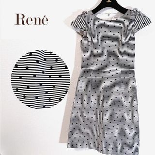 ルネ(René)の【極美品】Rene ルネ　ドット　膝丈ワンピース　ネイビー　リボン　半袖　34(ひざ丈ワンピース)