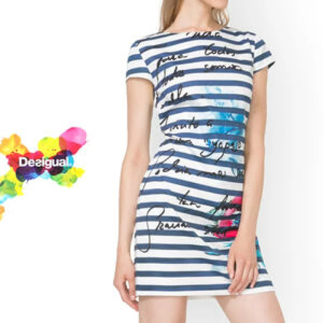 Desigual クレイジーボーダー ミニワンピース 花柄 テキスト