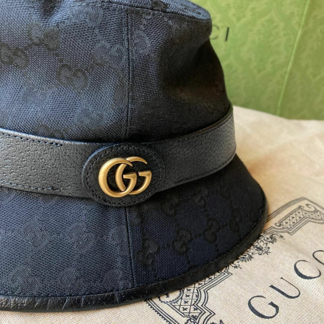 1092 GUCCI グッチ 帽子 バケットハット 黒 GGキャンバス レザー-