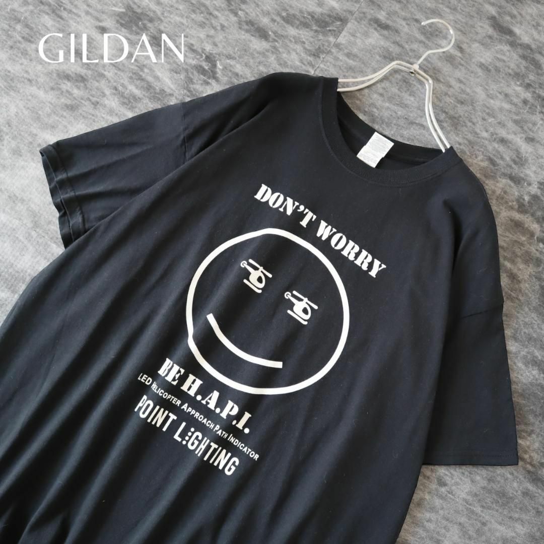 【GILDAN】スマイリー ニコちゃん プリント 企業 黒Tシャツ ルーズ XL