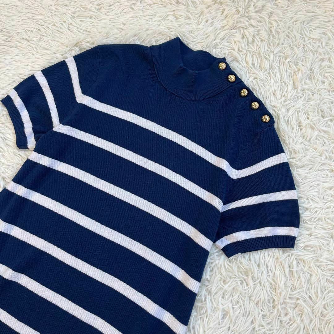 POLO RALPH LAUREN(ポロラルフローレン)の【極美品・シルク】ポロ ラルフローレン　半袖ニット セーター　ボーダー　金ボタン レディースのトップス(ニット/セーター)の商品写真