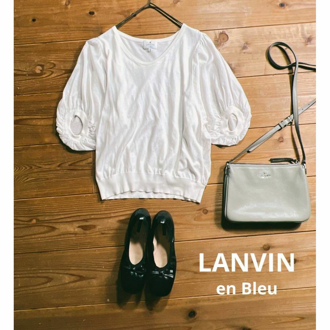 LANVIN en Bleu ランバン オン ブルー バックギャザー リボンデザイン パフスリーブ ブラウスの通販 by tsunagu ｜ ランバンオンブルーならラクマ