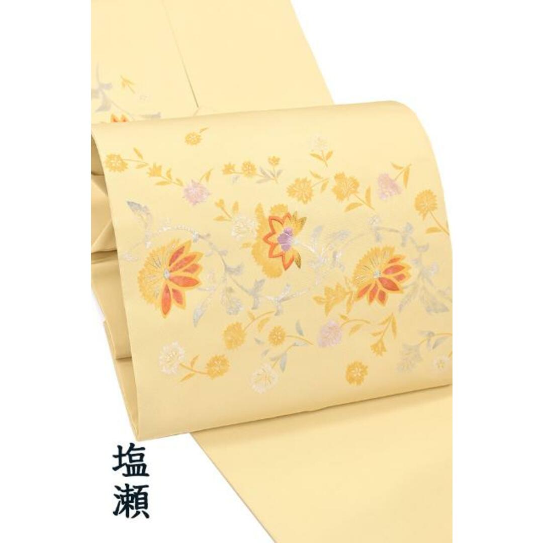 着物だいやす SALE156■名古屋帯■塩瀬　花唐草文　更紗　金銀彩　刺繍　薄卵色【正絹】【仕立て上がり帯】20代〜70歳代合わせる着物