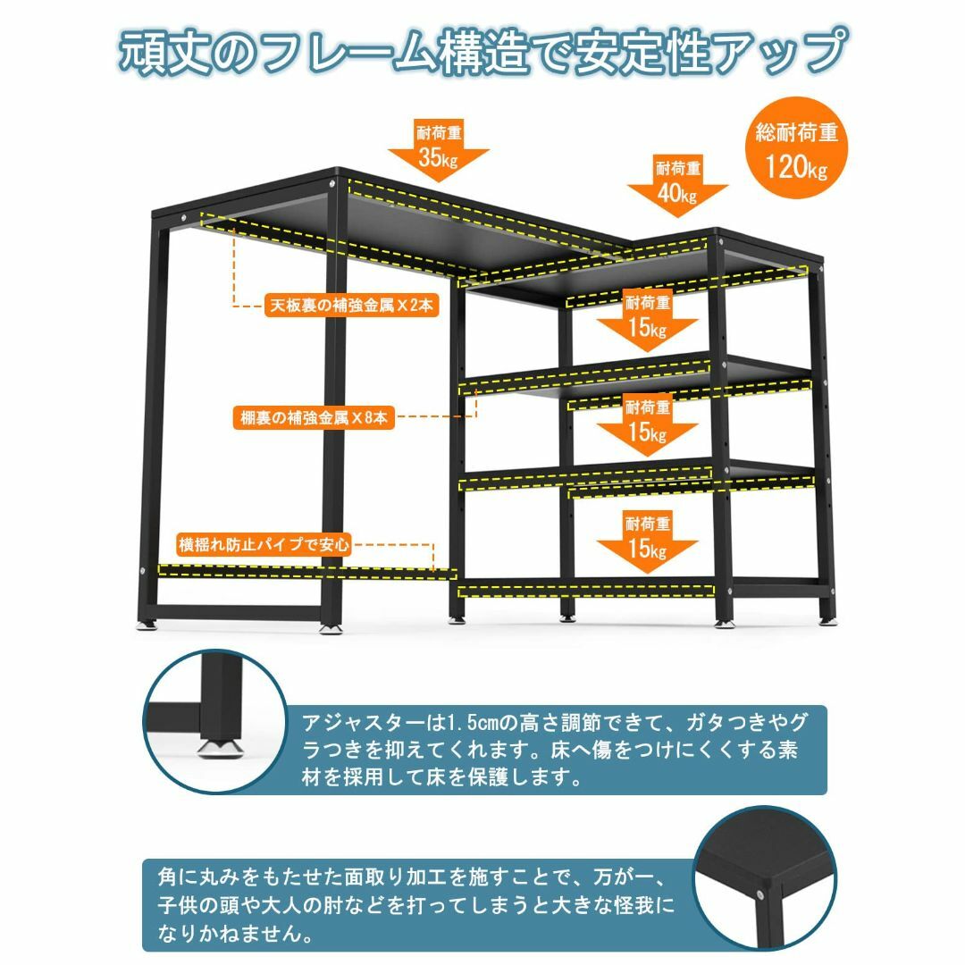 パソコンデスク L字型 幅120 奥行50㎝ 収納ラック付き 木製 黒 左右入替