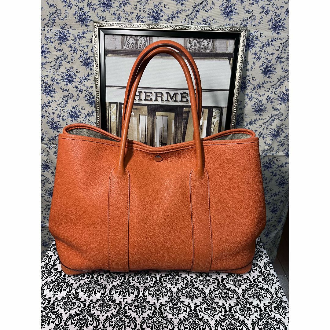 エルメス ガーデンパーティPM トートバッグ レザー オレンジ レディース HERMES