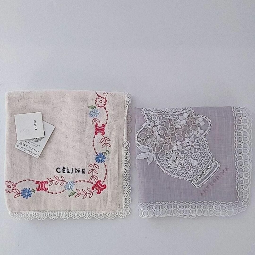 celine(セリーヌ)の未使用品　セリーヌ　アンテプリマ　ハンカチ　パープル　ピンク　刺繍　2枚セット レディースのファッション小物(ハンカチ)の商品写真