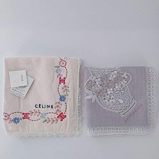 セリーヌ(celine)の未使用品　セリーヌ　アンテプリマ　ハンカチ　パープル　ピンク　刺繍　2枚セット(ハンカチ)