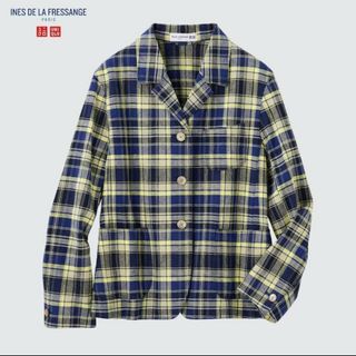 ユニクロ(UNIQLO)のユニクロ　イネス　リネンコットンカバーオール（チェック） BLUE  XL(テーラードジャケット)