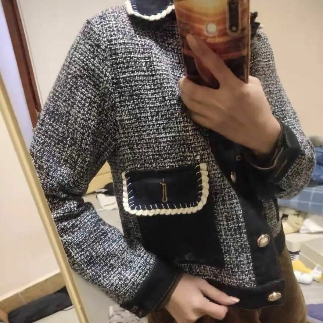韓国♡超上品 デニム×ツイード　襟付きジャケット　高見え　着痩せ　トップス