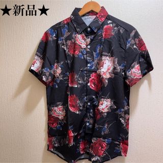 新品★ブラック地★薔薇柄★総柄★アロハシャツ★ブラウス★ユニセックス★L(シャツ)