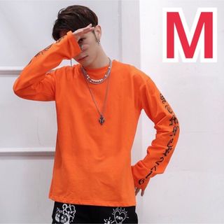 ロンT スケボー ダンス オルチャン 衣装 ストリート 黒 オレンジ 白 M(Tシャツ/カットソー(七分/長袖))