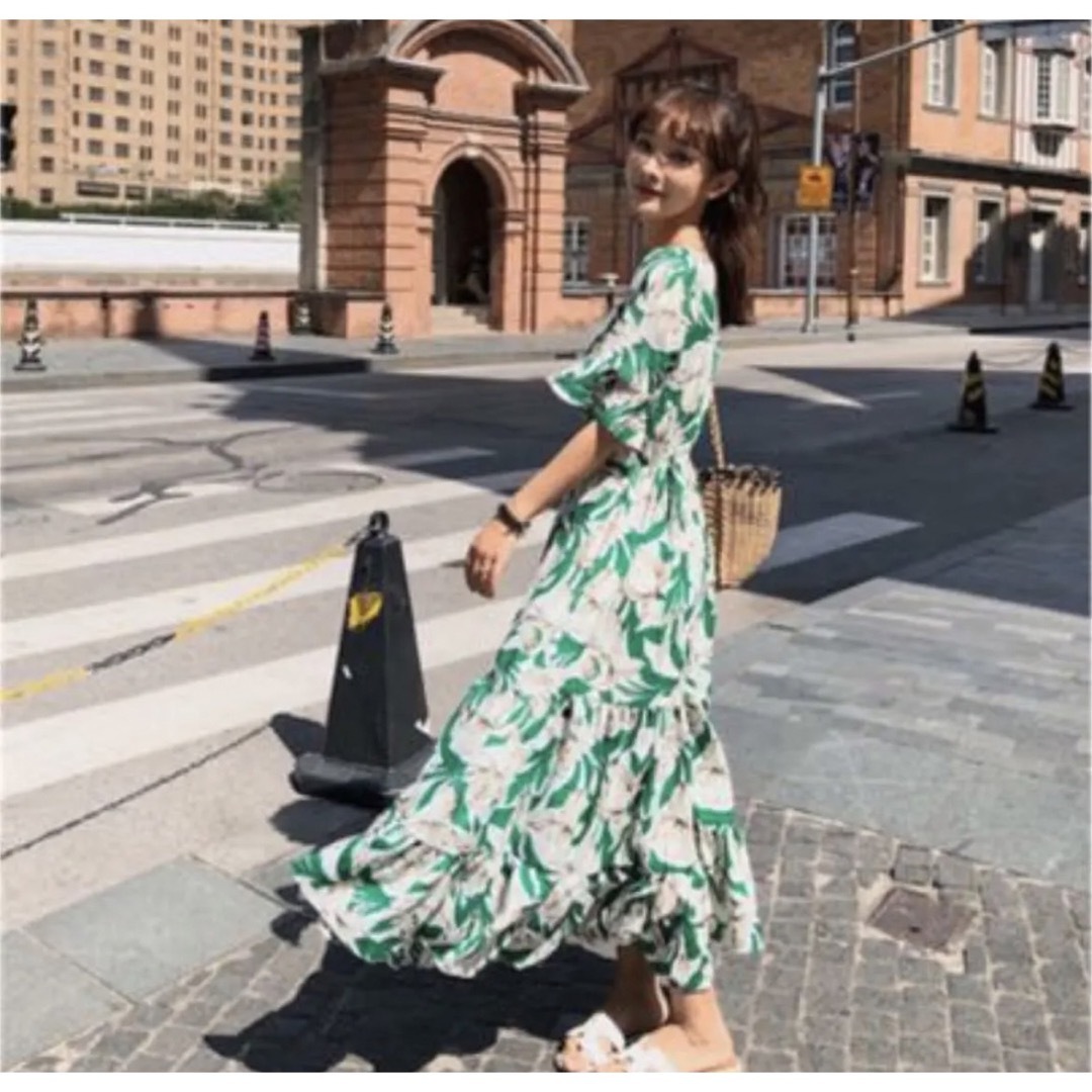 花柄 ワンピース 夏服 ボタニカル ロング マキシワンピース S 韓国 緑 半袖