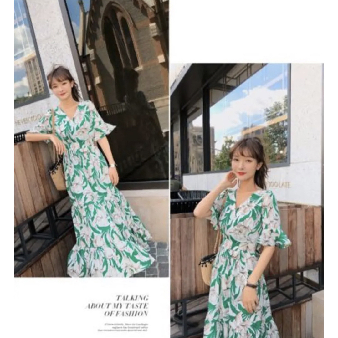 ZARA(ザラ)の花柄 ワンピース 夏服 ボタニカル ロング マキシワンピース S 韓国 緑 半袖 レディースのワンピース(ロングワンピース/マキシワンピース)の商品写真