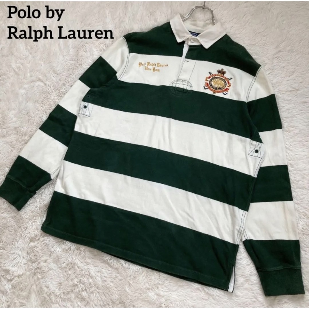 Polo ラルフローレン ラガーシャツ ボーダー柄 金刺繍ワッペン 緑×白 L | フリマアプリ ラクマ