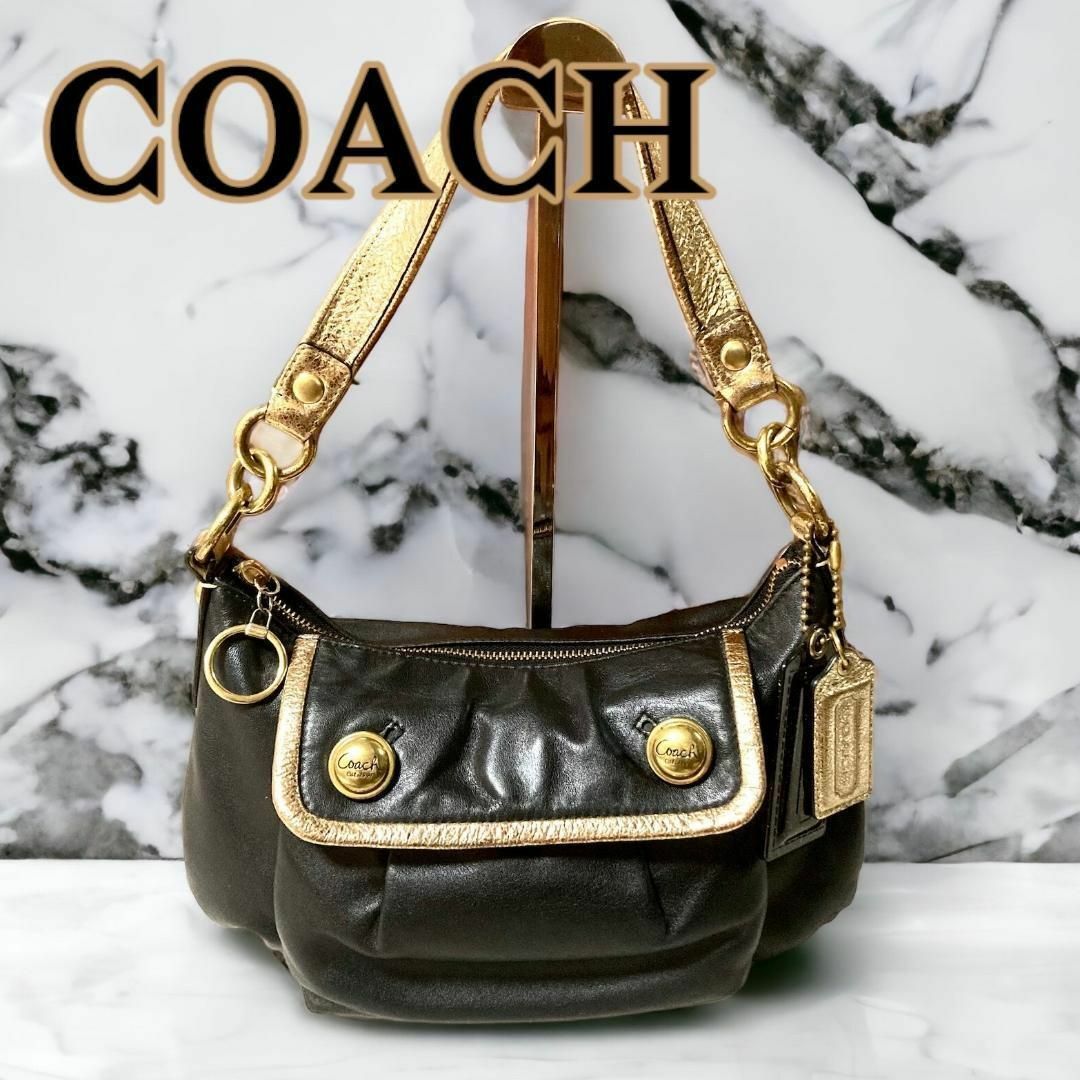 COACH ワンショルダー　ハンドバッグ　ブラック × ゴールド　ポピー | フリマアプリ ラクマ