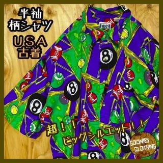 ビリヤード グリーン レッド USA 90s スポーツ 半袖 柄シャツ 総柄