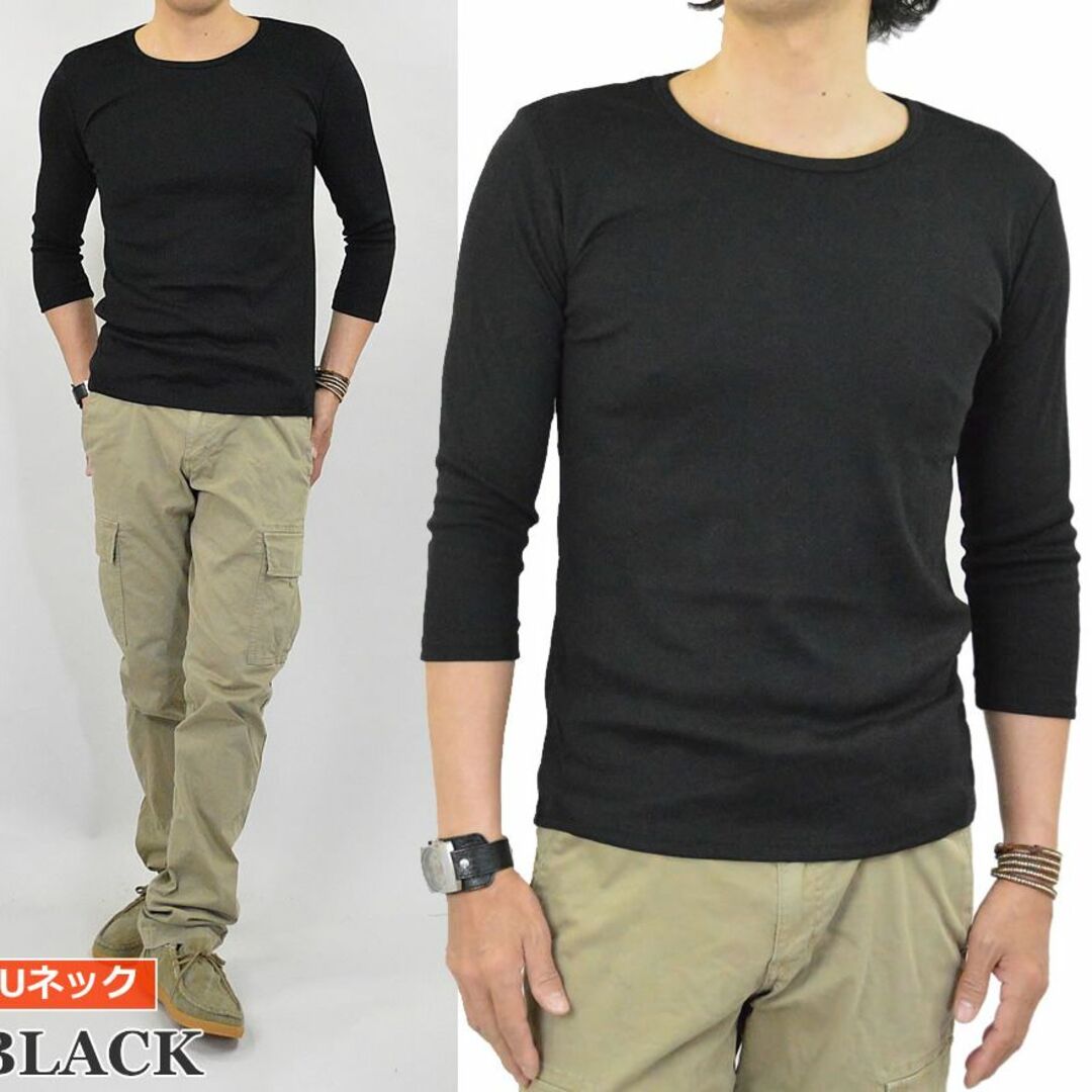 ７分袖 メンズ Tシャツ Uネック 丸首 カットソー インナー 綿 UV対策 黒 メンズのトップス(Tシャツ/カットソー(七分/長袖))の商品写真