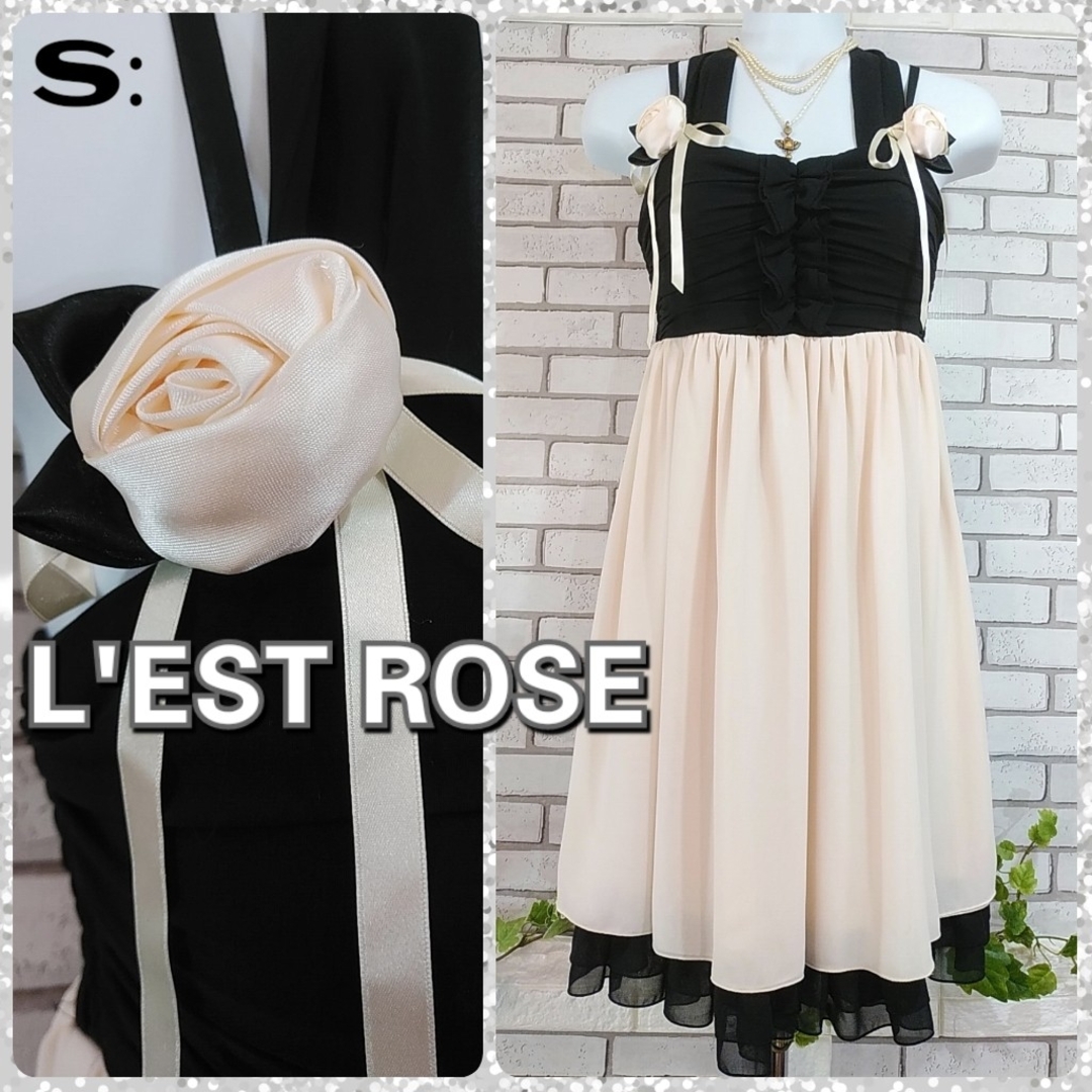 L'EST ROSE(レストローズ)のS：未使用 シフォンドレス／レストローズ★ブラック×ピンクベージュ レディースのフォーマル/ドレス(ミディアムドレス)の商品写真