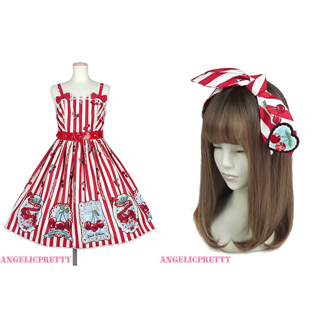 Angelic Pretty(アンジェリックプリティー)のCherry Stampジャンパースカートとカチューシャ レディースのワンピース(ロングワンピース/マキシワンピース)の商品写真