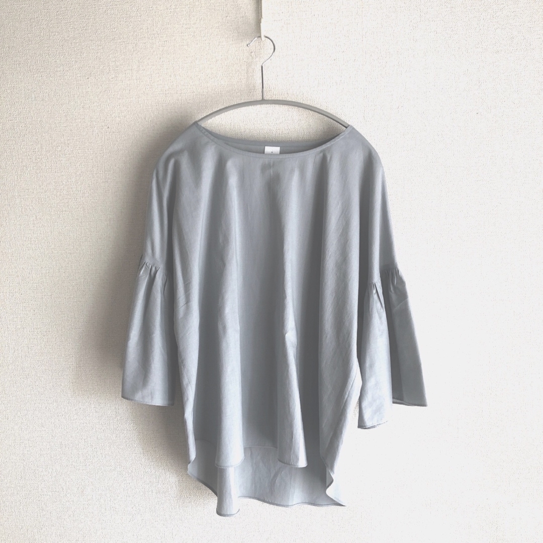 コットンシルク ギャザー袖プルオーバー_grayish pale blue夏ブラウス