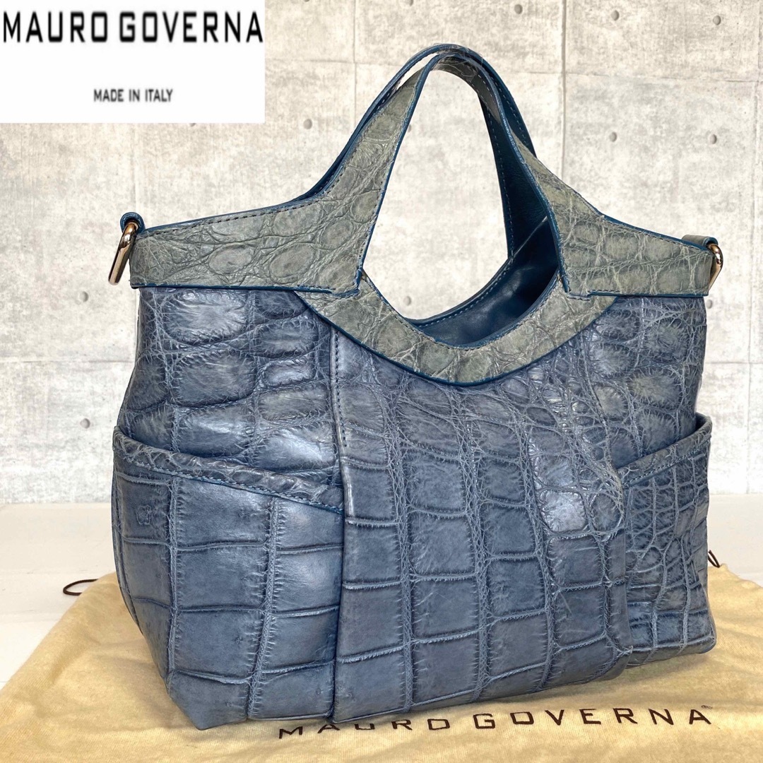 【美品】MAURO GOVERNA グレー系 クロコダイル 2WAYトートバッグ