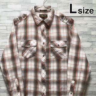 シャツ(shirts)のシャツ　長袖　Lサイズ　チェック柄　グレー　オレンジ　エポーレット　USA古着(シャツ)