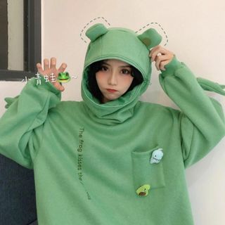 大人気 カエルパーカー フード トレーナー 男女兼用 韓国 オーバー