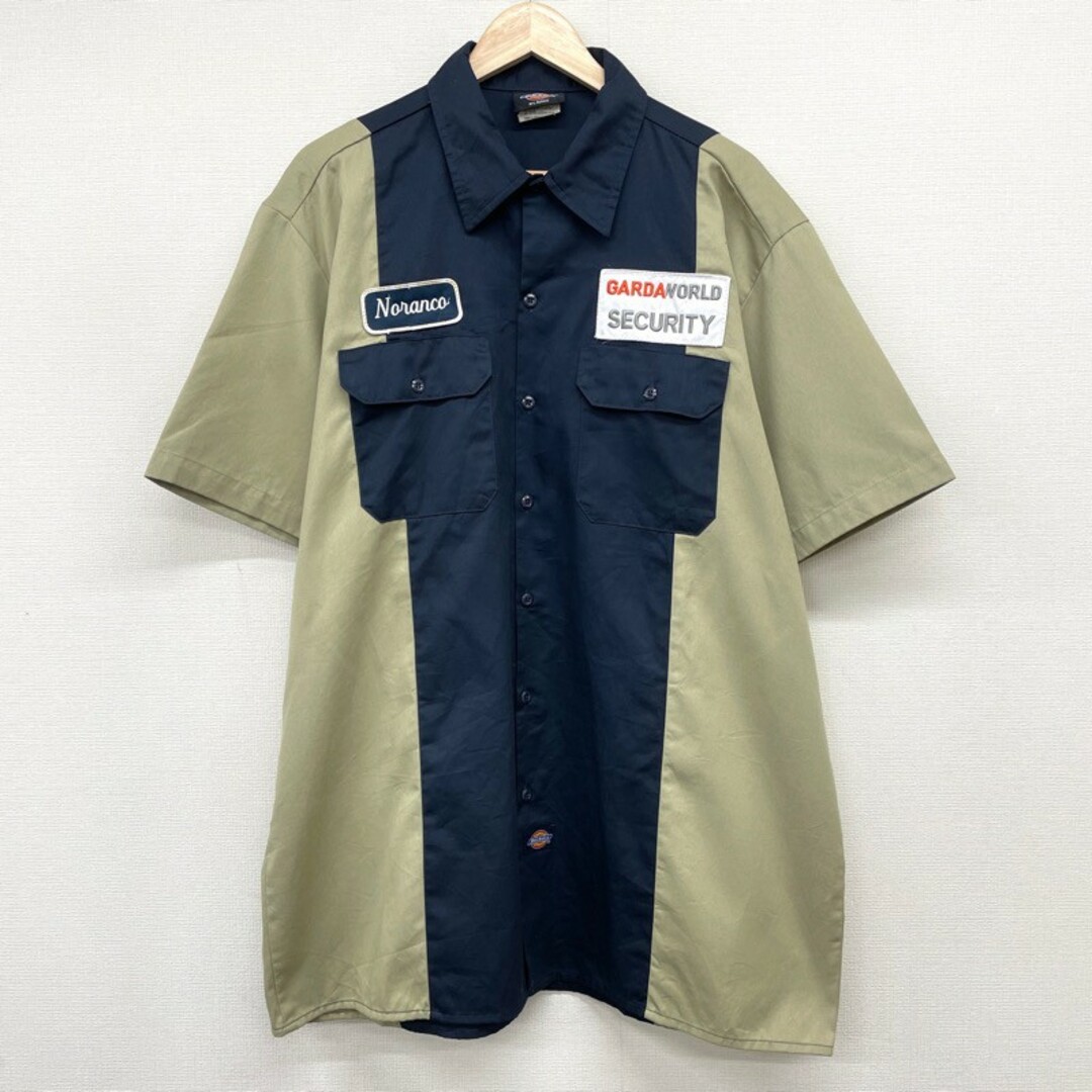 Dickies(ディッキーズ)のUS古着 ディッキーズ Dickies ワークシャツ 半袖 ツートーン 企業 ワッペン サイズ：メンズ XL ビッグサイズ ネイビー×ベージュ【中古】 メンズのトップス(シャツ)の商品写真