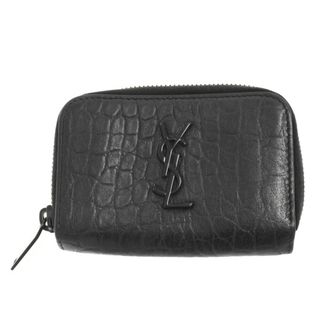 サンローラン(Saint Laurent)のSAINT LAURENT PARIS サンローランパリ YSL モノグラム グレイン 型押し レザー ラウンドジップ コインケース 財布 ブラック(コインケース/小銭入れ)