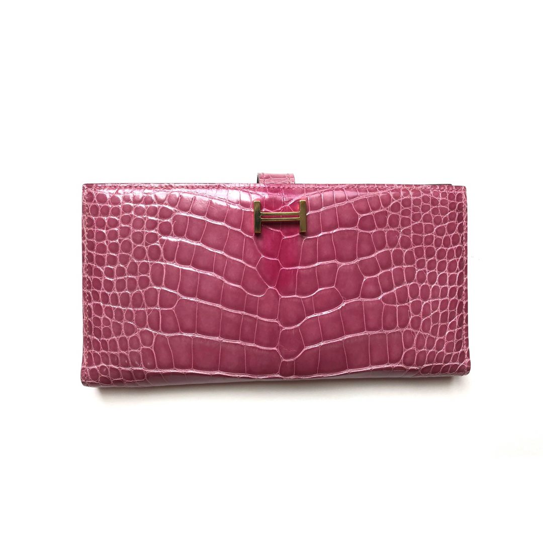 展示品☆エルメス クロコダイル アリゲーター ピンク 長財布 ベアンクラシック