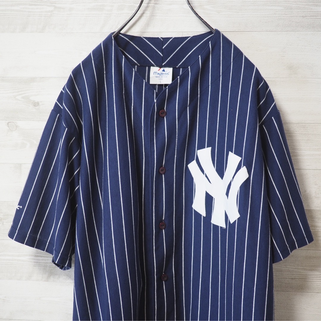 MAJESTIC×YANKEES USA製ベースボールシャツ-Navy/L 2