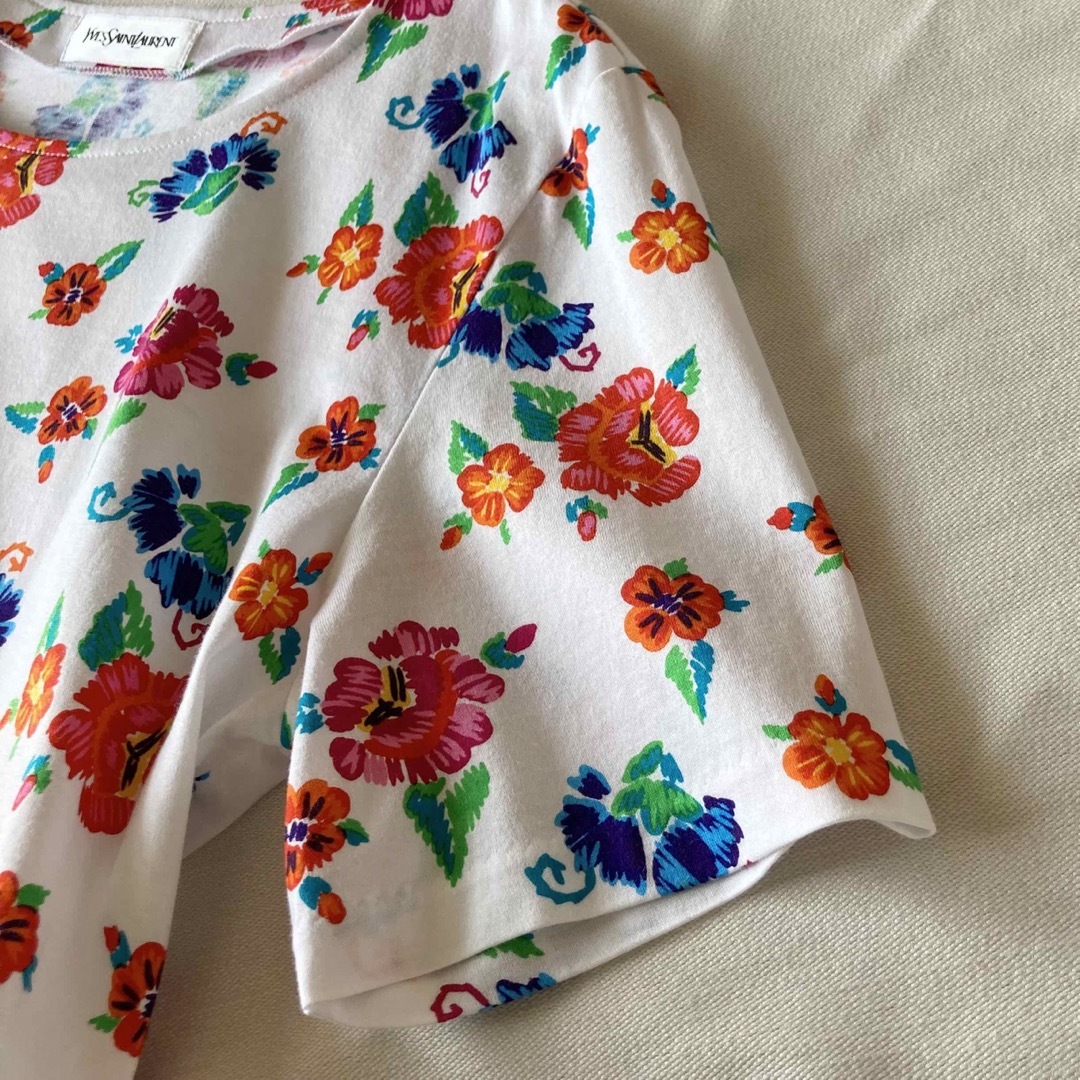ビンテージ イヴサンローラン 花柄 Tシャツ 半袖 カットソー M ホワイト