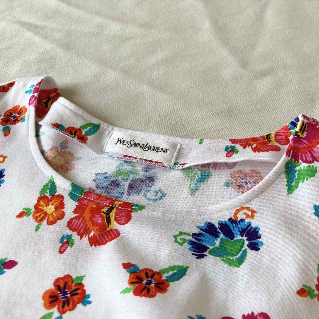 ビンテージ イヴサンローラン 花柄 Tシャツ 半袖 カットソー M ホワイト