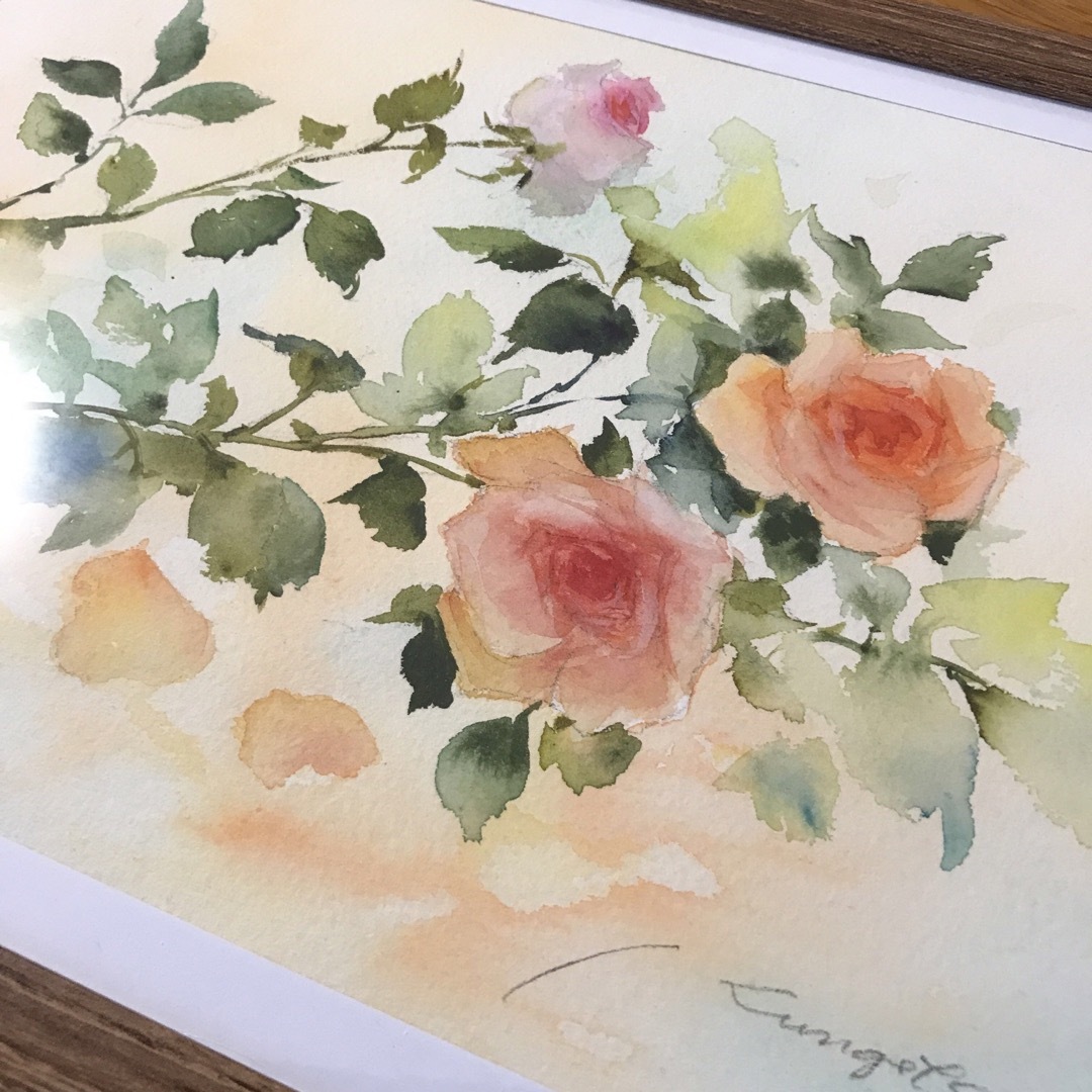 透明水彩画アート　薔薇ふた枝