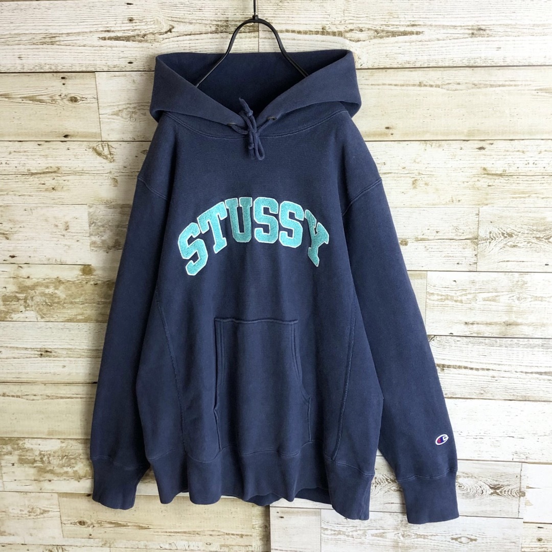 即完売 STUSSY ステューシー チャンピオン パーカー パイル生地ロゴ