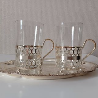 チャイグラス2客セット　トレー付き　イギリス製(グラス/カップ)