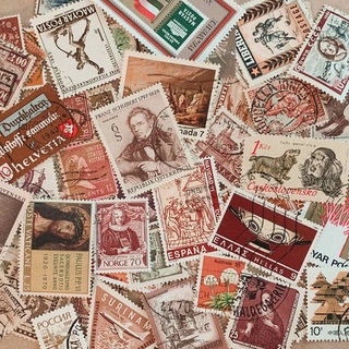 外国 切手 ブラウン系　80枚　ラッピングやコラージュに*+b005(使用済み切手/官製はがき)