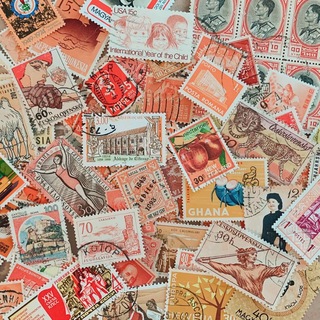 外国 切手 オレンジ/イエロー系　80枚　ラッピングやコラージュに*+b007(使用済み切手/官製はがき)