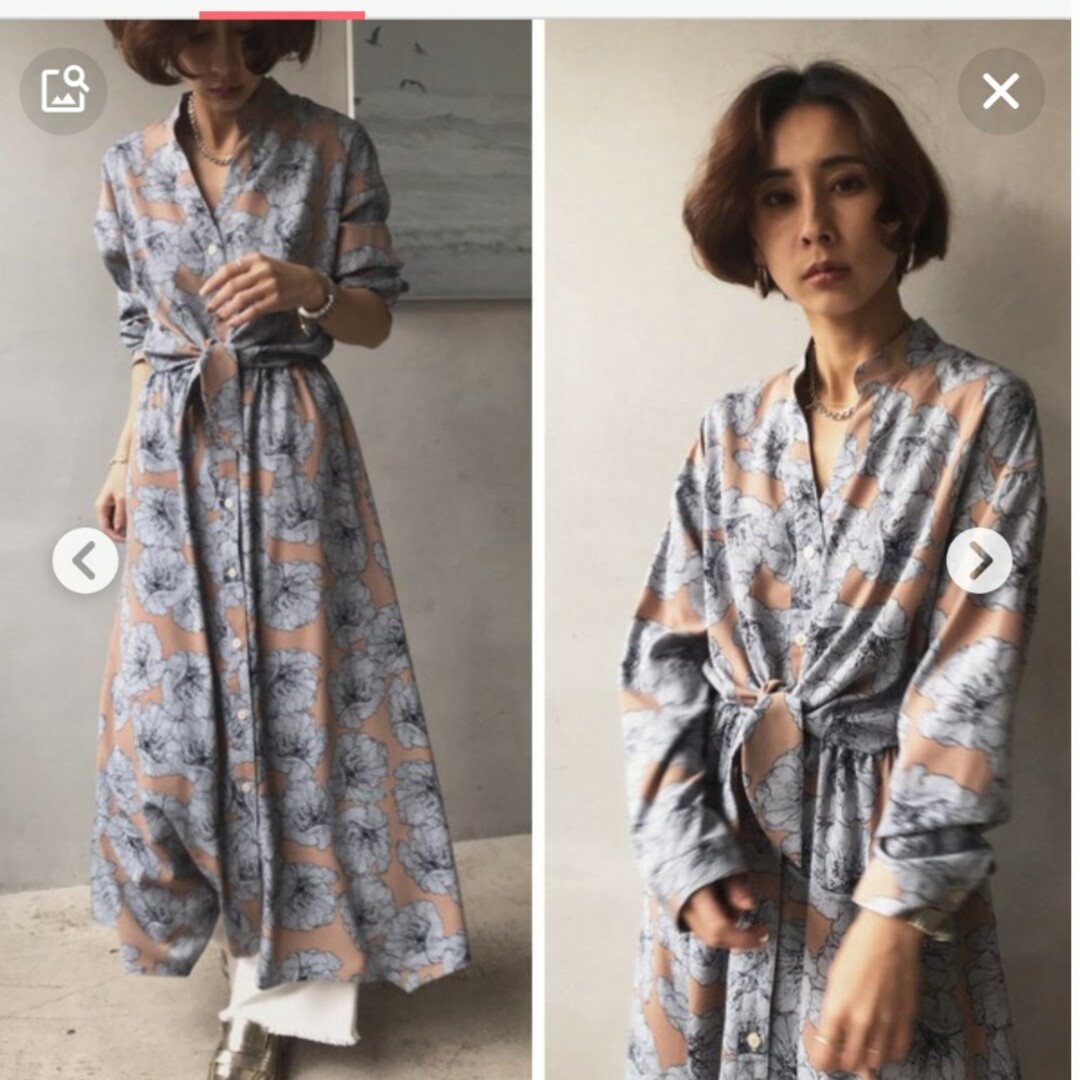 AMERI　TIE SHIRT DRESS　花柄ロングワンピース　ベージュ