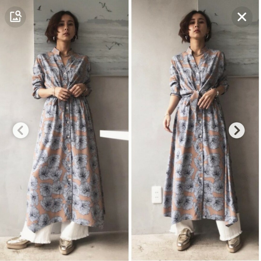 AMERI　TIE SHIRT DRESS　花柄ロングワンピース　ベージュ