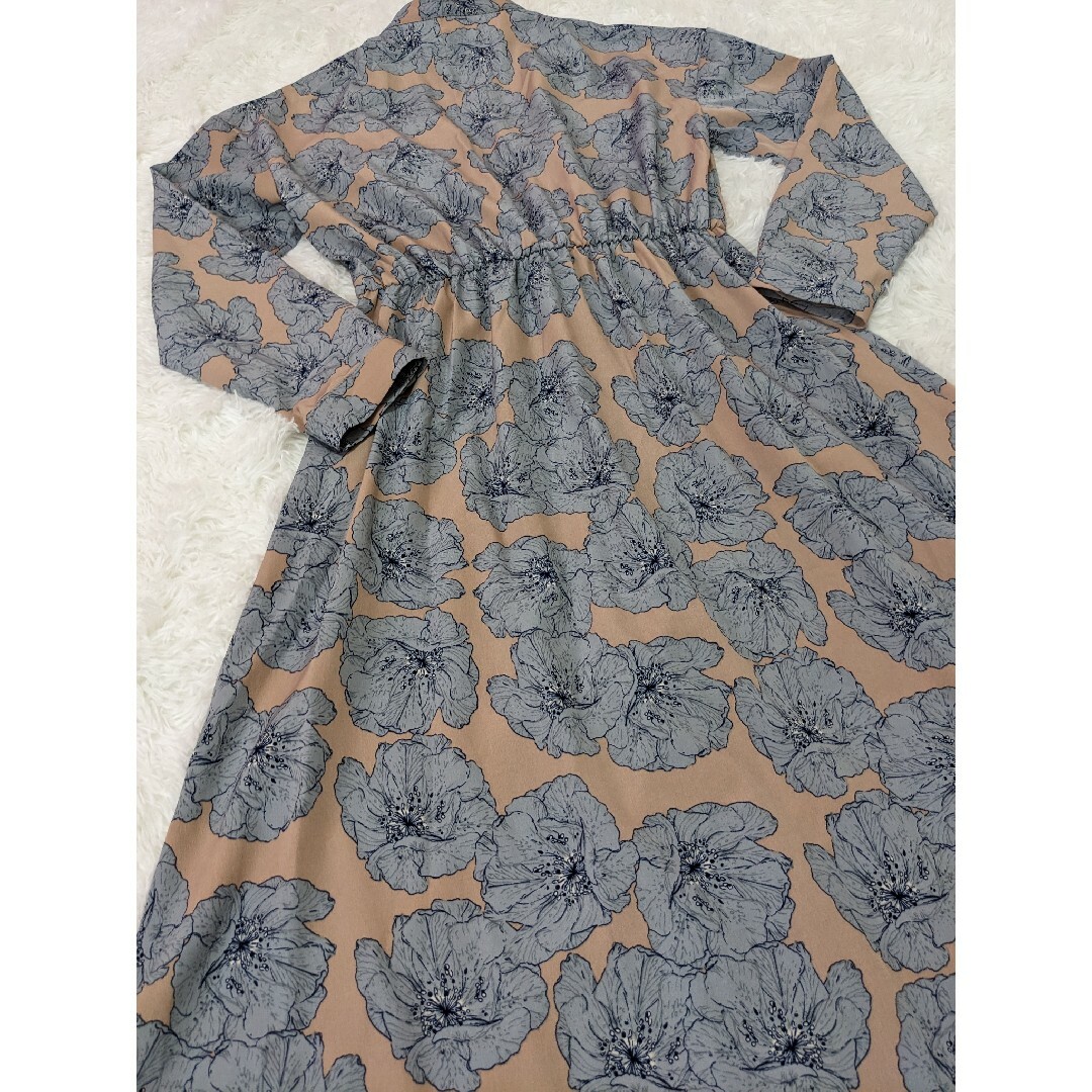 AMERI　TIE SHIRT DRESS　花柄ロングワンピース　ベージュ