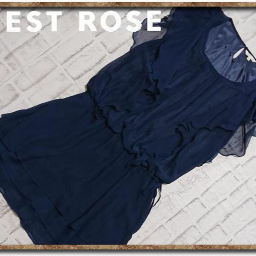 L'EST ROSE - レストローズ リボン&フリル付きシフォンワンピース 紺の