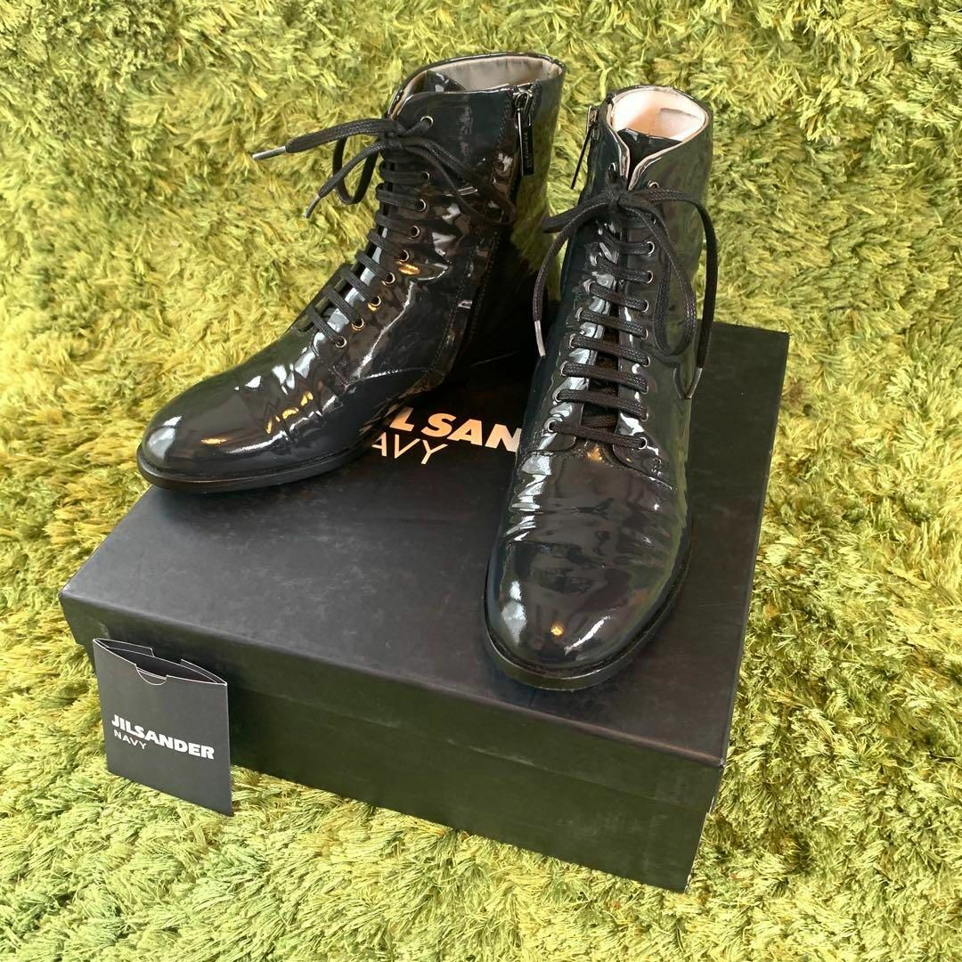 極美品 JIL SANDER NAVY レースアップブーツ エナメル ネイビー