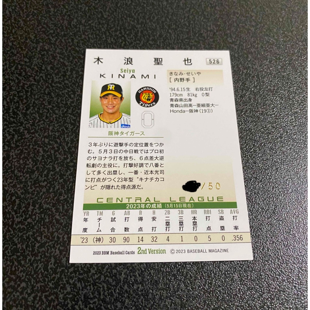 阪神タイガース(ハンシンタイガース)の23BBM 2nd 木浪聖也 阪神 50枚限定ホロ箔サインカード エンタメ/ホビーのトレーディングカード(シングルカード)の商品写真