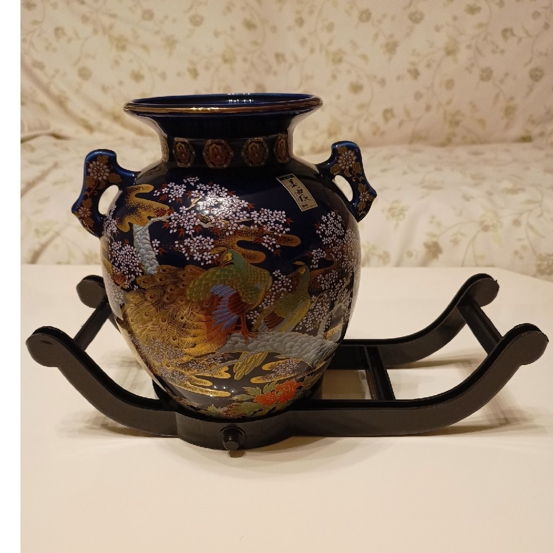 明陶　花瓶、壺、置物、孔雀、花、桜、藍色