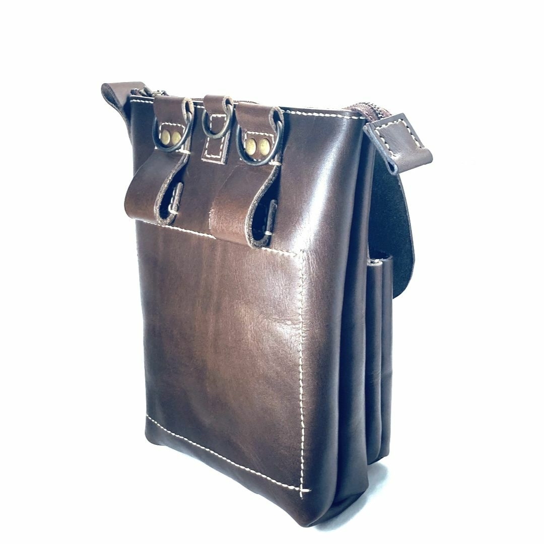 栃木レザー 縦型ウエストバッグ 日本製総手縫い 一点物 超大容量 チョコ ヌメ革 3