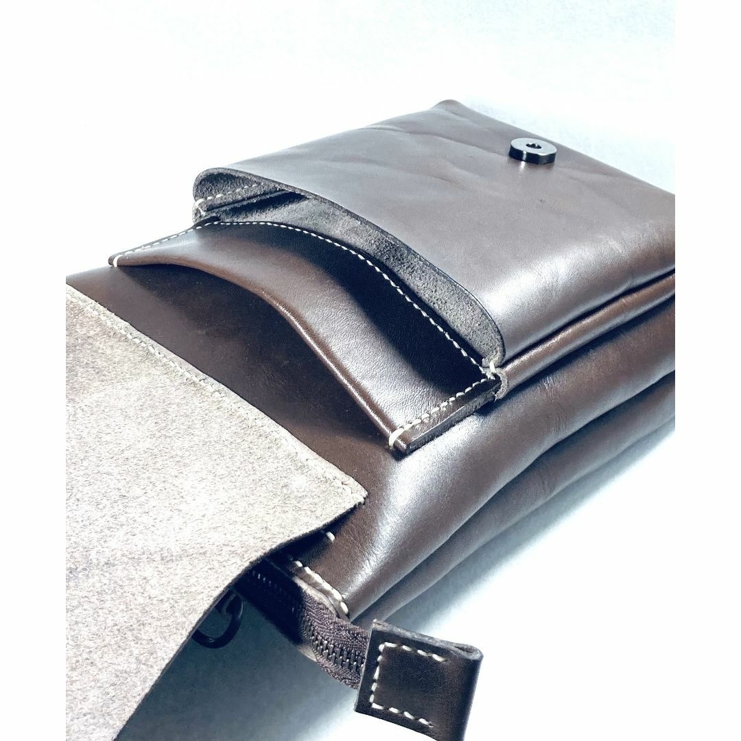 栃木レザー 縦型ウエストバッグ 日本製総手縫い 一点物 超大容量 チョコ ヌメ革 6